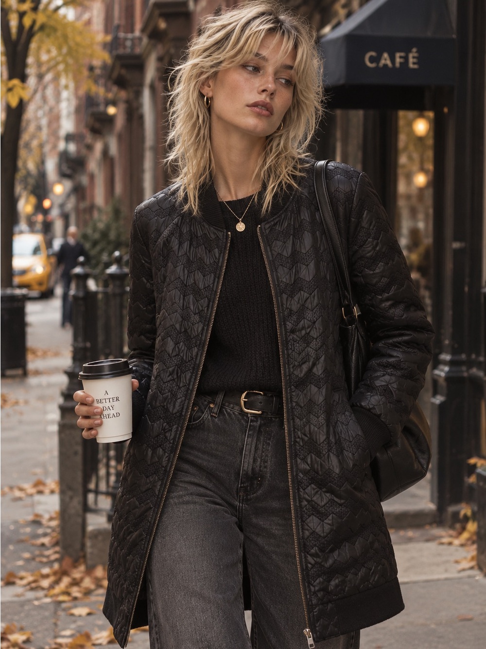 Anthropologie Black Chevron Quilted Bomber Coat